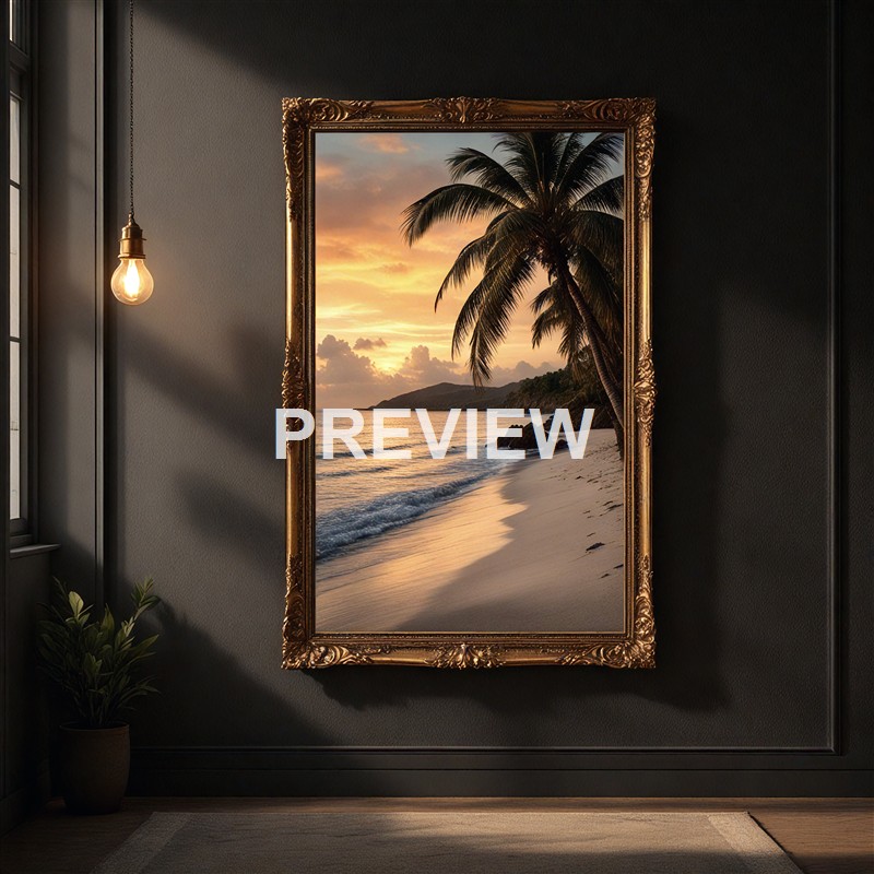 A framed photograph of a tropical beach scene at sunset, featuring a palm tree, rocky shoreline, and colorful sky, hanging on a dark wall inside a room with a hanging light bulb and a potted plant.